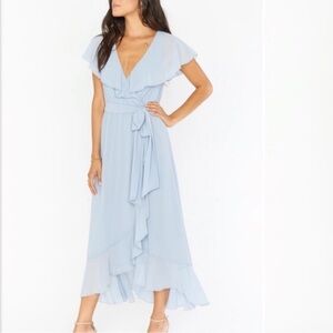 Show Me Your MuMu Jess Ruffle Midi Dress Steel Blue XXS Mock-Wrap Ruffled Hem